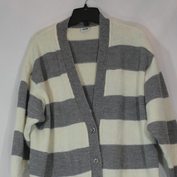 VTG Lucia Grey White Stripes  Cardigan button down  Wool Blended Size Large (12) - Picture 3 of 11